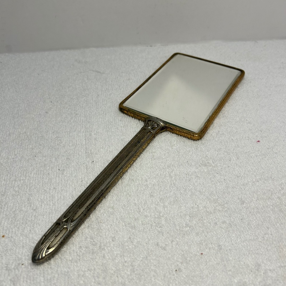 Vintage Art Deco Pink Guilloche Enamel Hand Mirror Flower Basket Beveled Glass